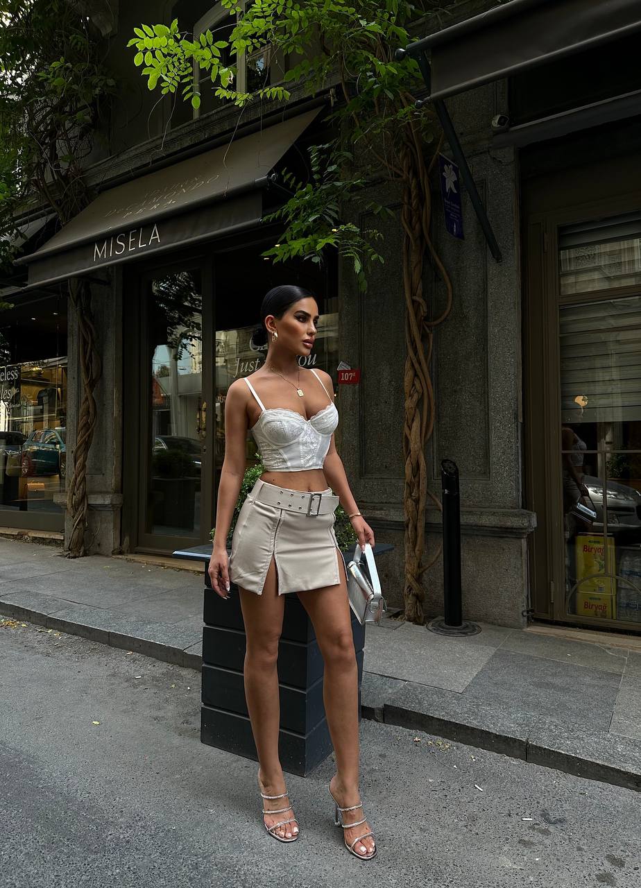 Sleek Satin Corset Top with Mini Skirt – 1107