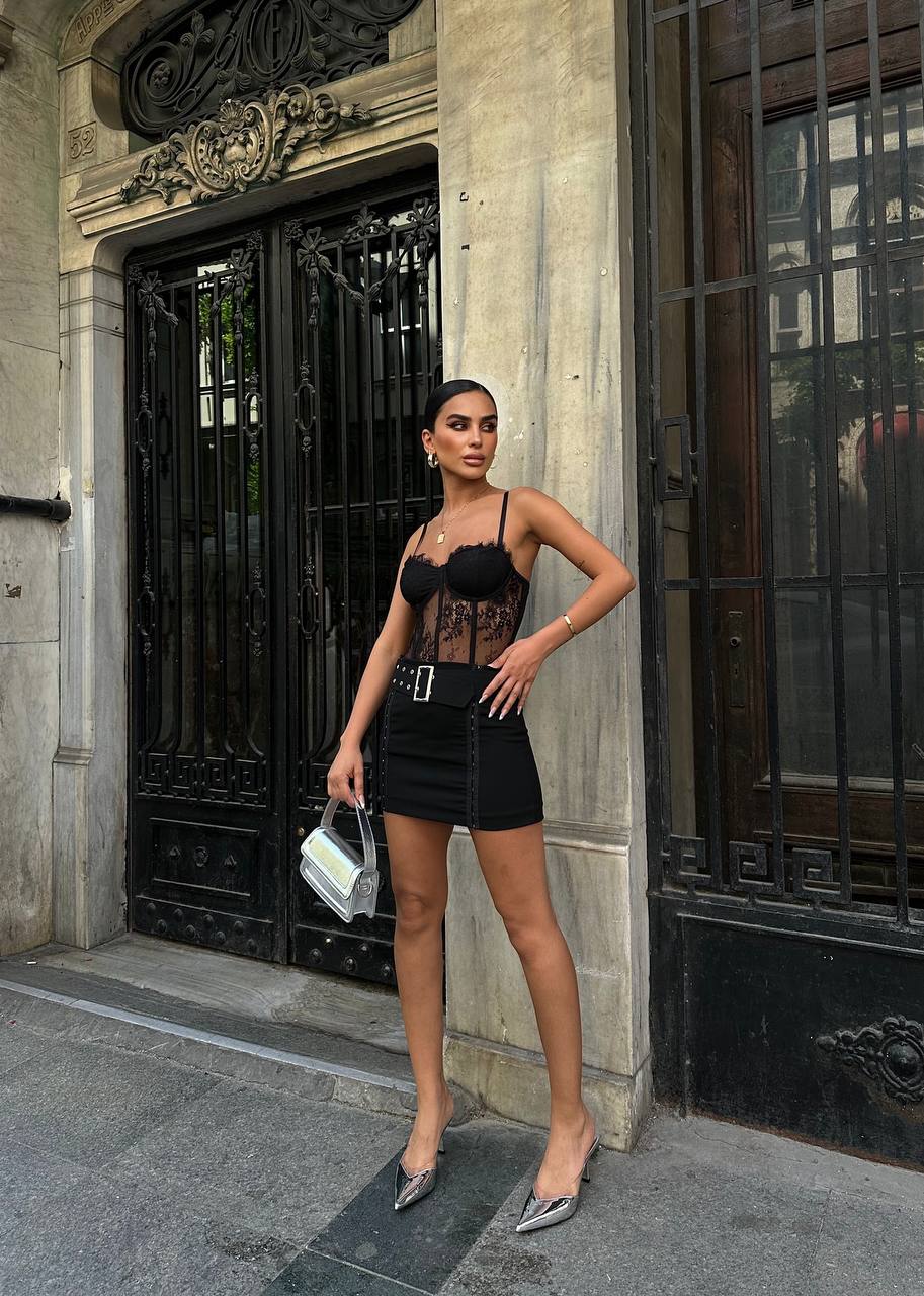 Sleek Satin Corset Top with Mini Skirt – 1107