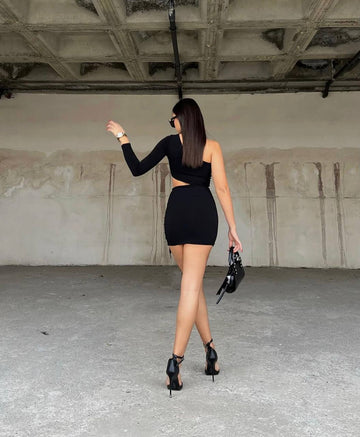 The Noir Luxe Asymmetrical Mini Dress Set - 1019