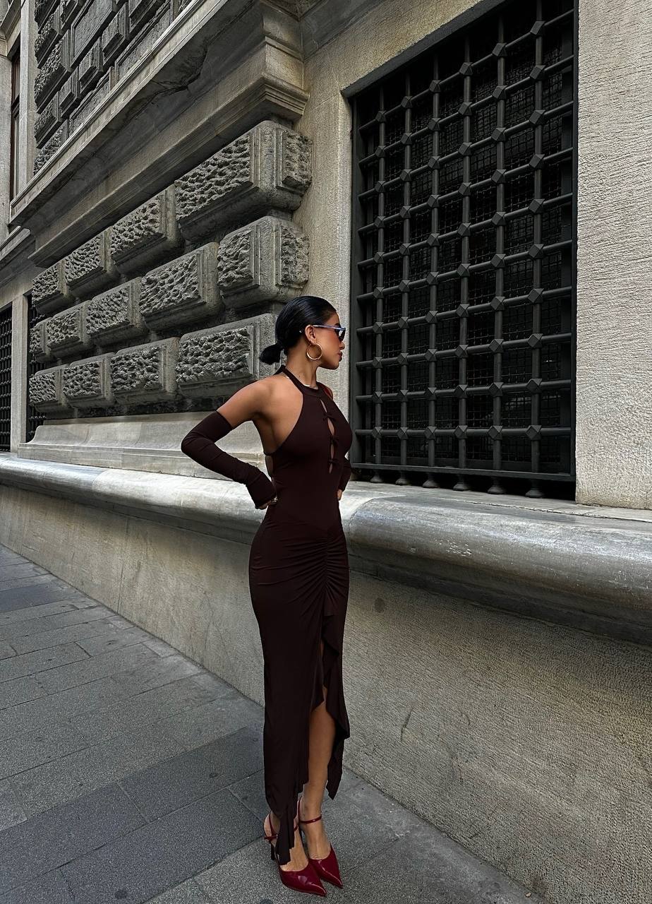 The Noir Elegance Halter Midi Dress - 1045