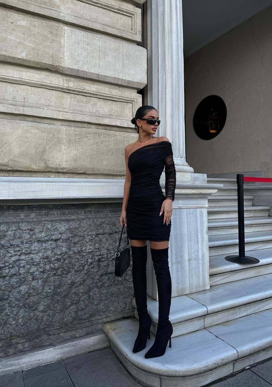 Luxe One-Shoulder Ruched Mesh Mini Dress - 1176