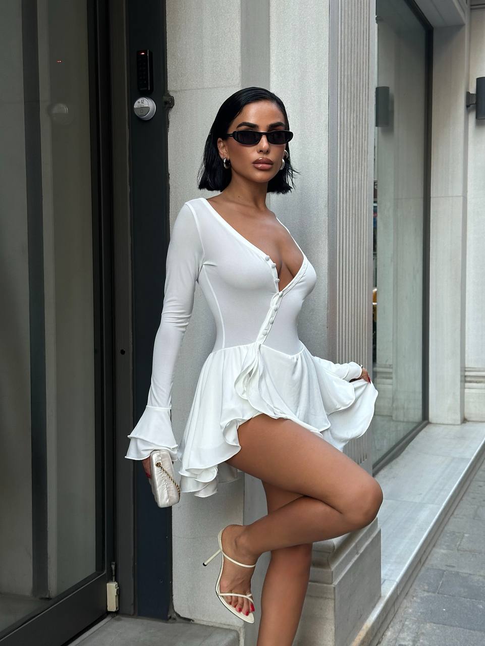 Eternal Ruffle Mini Dress Fit & Flare Button Detail - 1249