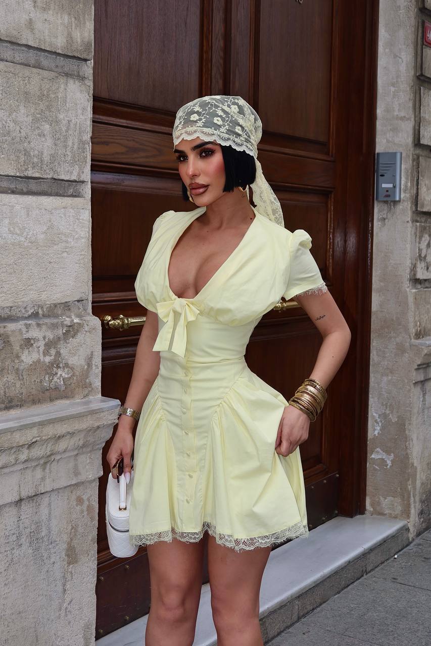 V-Neck Poplin Mini-Dress with puff sleeves, lace trim and corseted waist- 1291