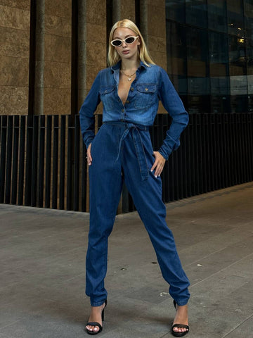 The Classic Denim Belted Jumpsuit – 1091