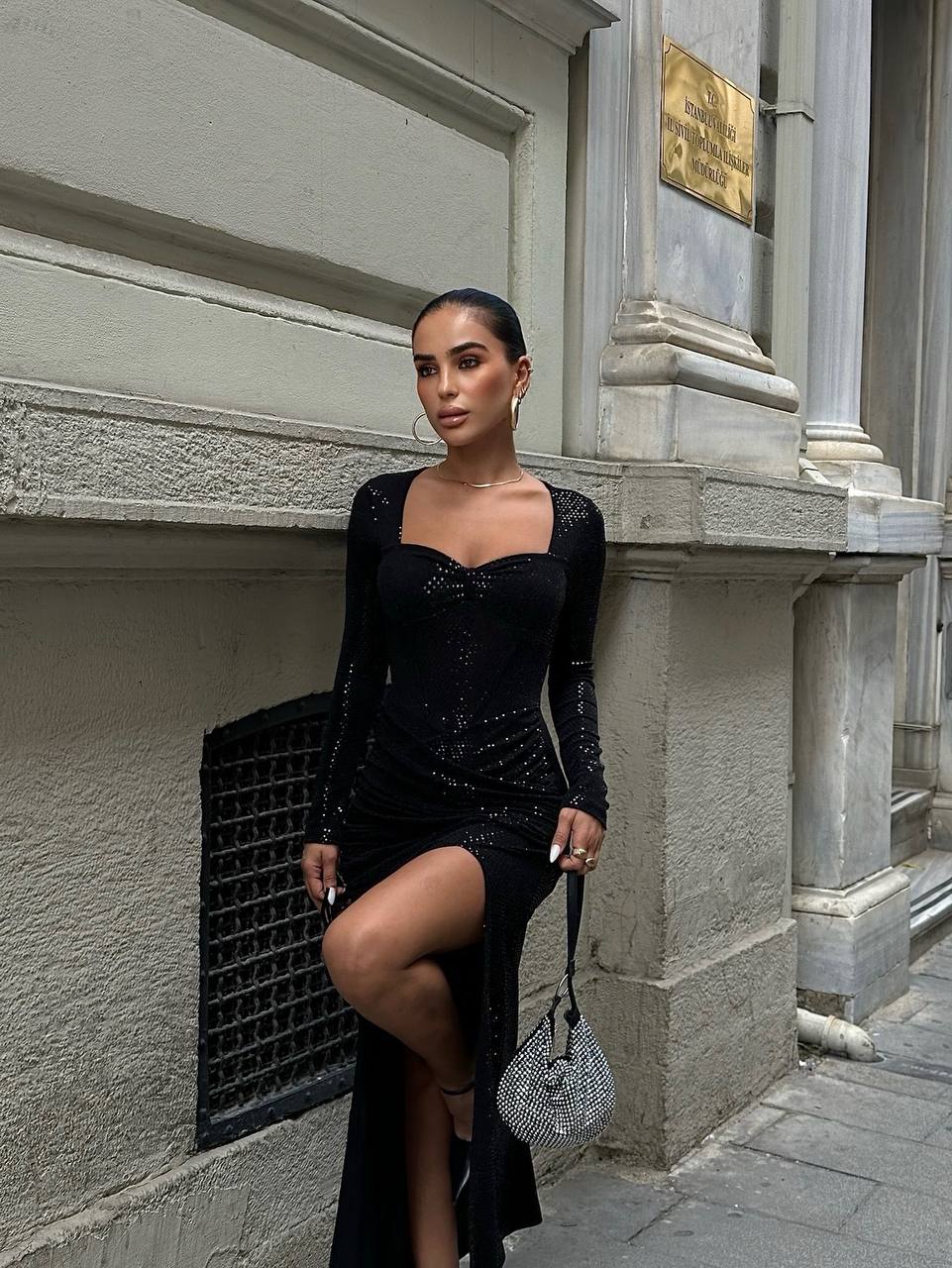 The Noir Glam Long Sleeve Maxi Dress – 1067