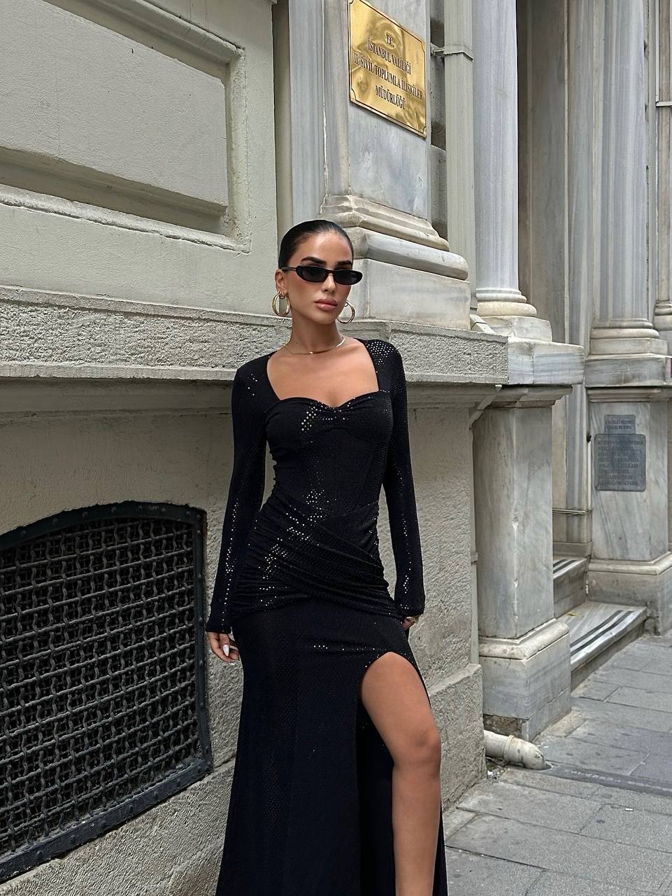 The Noir Glam Long Sleeve Maxi Dress – 1067