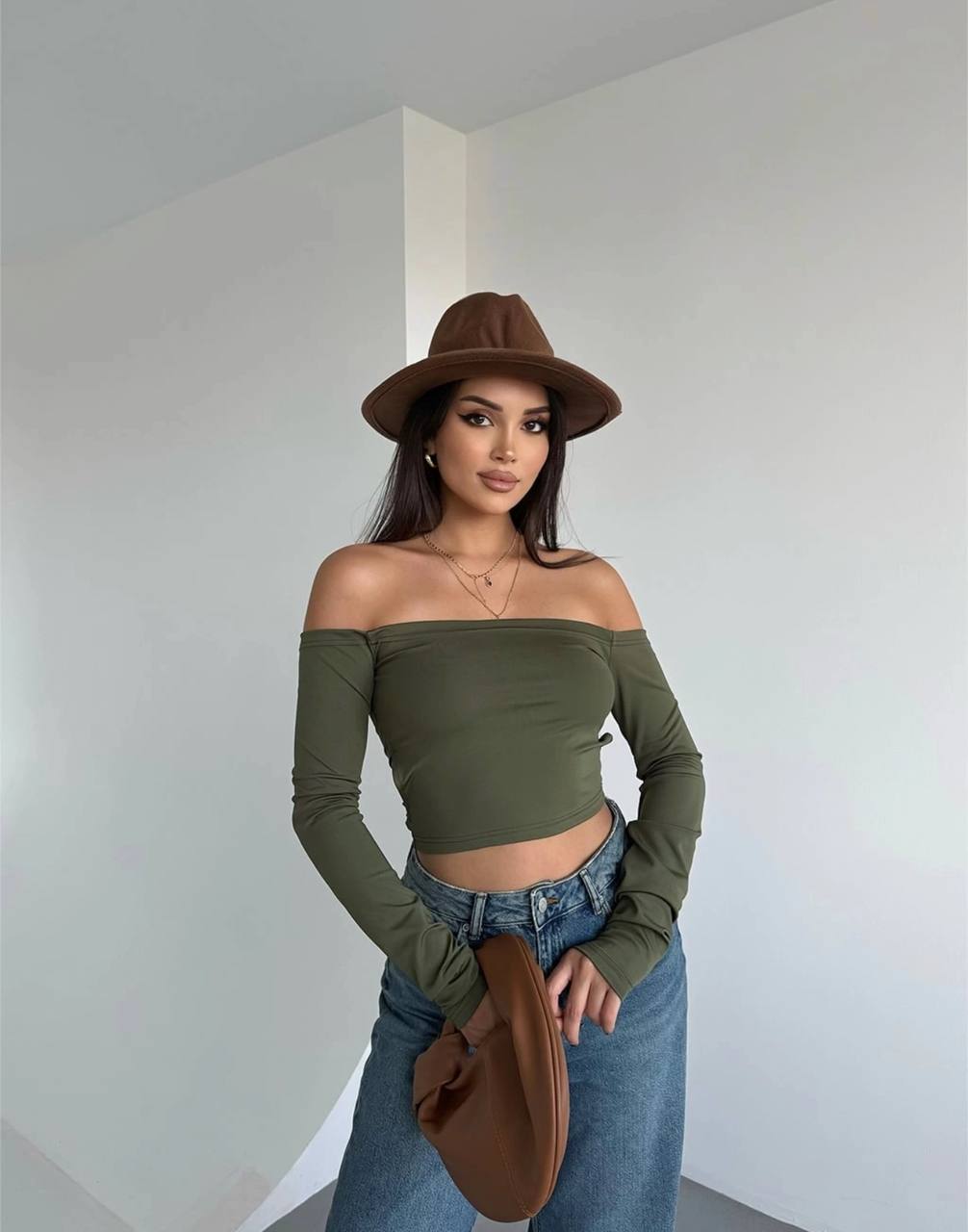 The Elegance Off-Shoulder Long Sleeve Crop Top - 1063