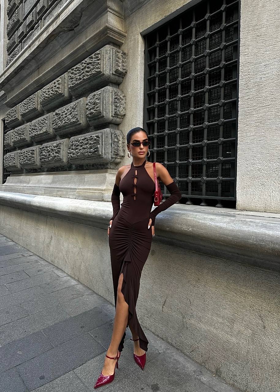 The Noir Elegance Halter Midi Dress - 1045