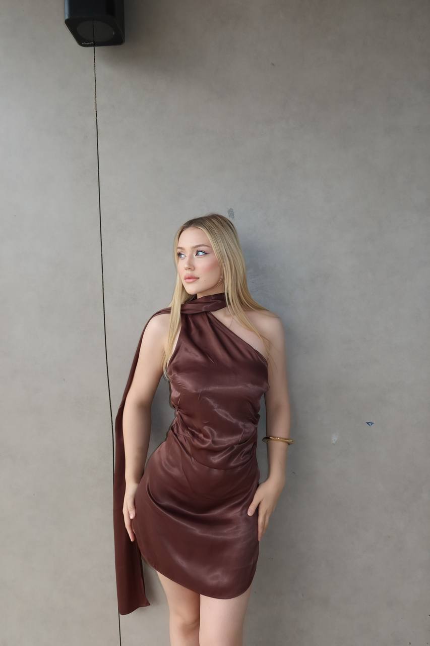 Eternal Glow Mini Dress Asymmetric Halter Satin Drape - 1253