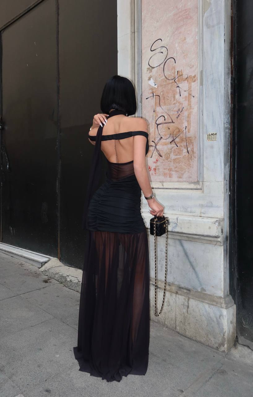 Maxi evening dress with sheer overlay - 1288