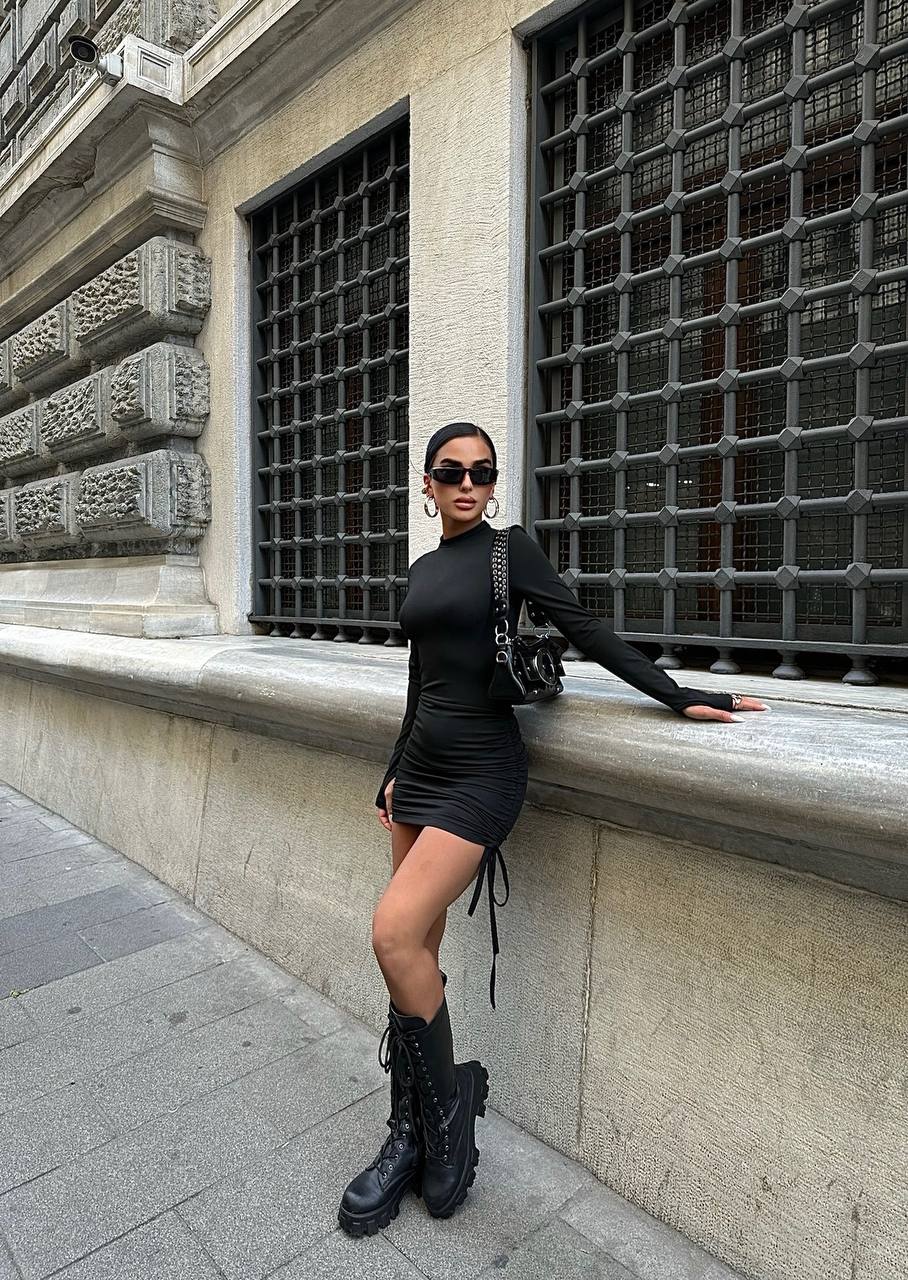 The Satin Ruched Long Sleeve Mini Dress – 1057