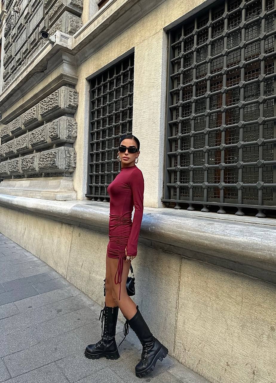 The Satin Ruched Long Sleeve Mini Dress – 1057