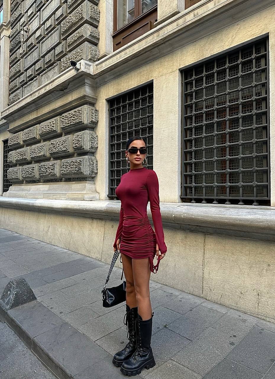 The Satin Ruched Long Sleeve Mini Dress – 1057