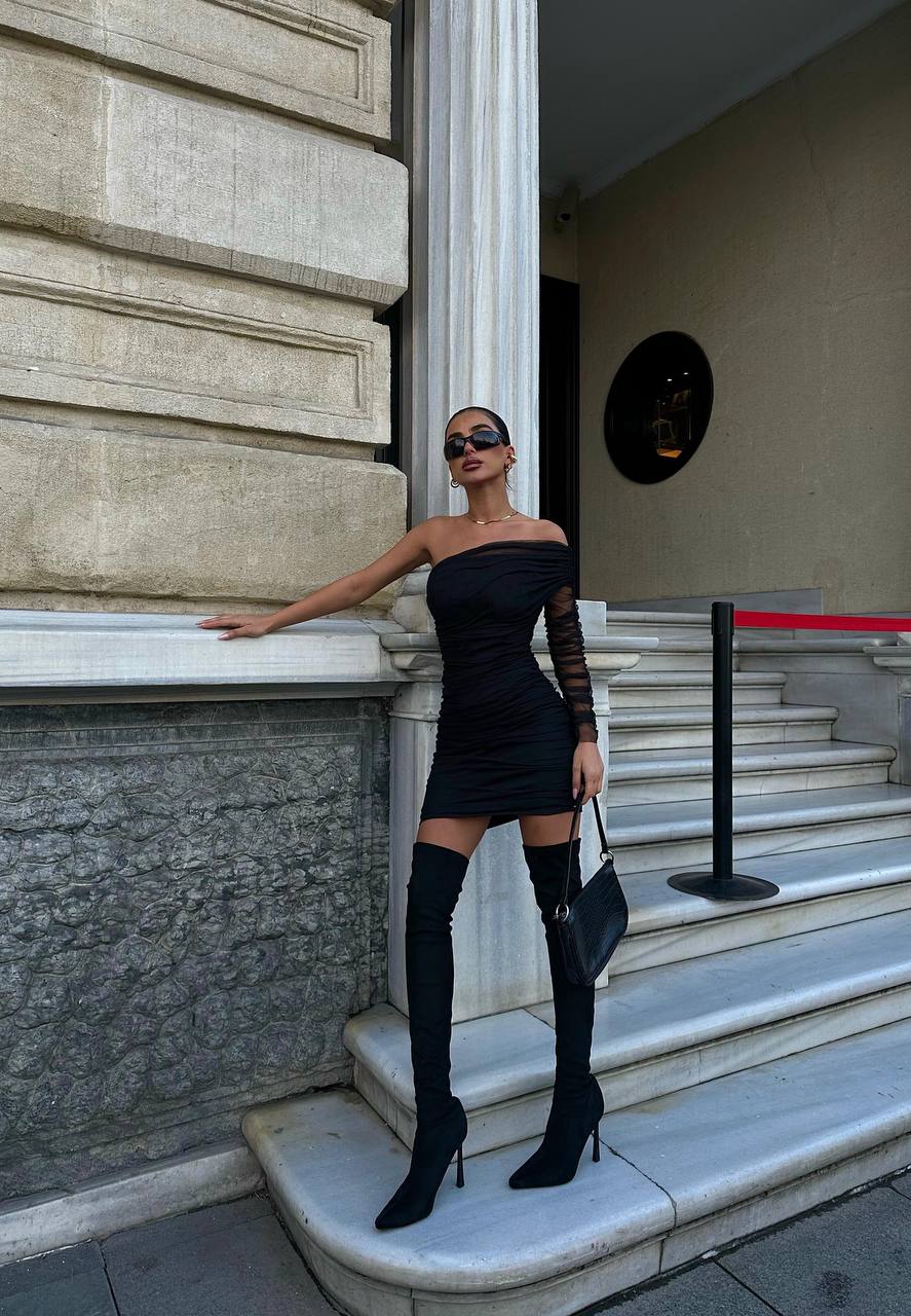 Luxe One-Shoulder Ruched Mesh Mini Dress - 1176