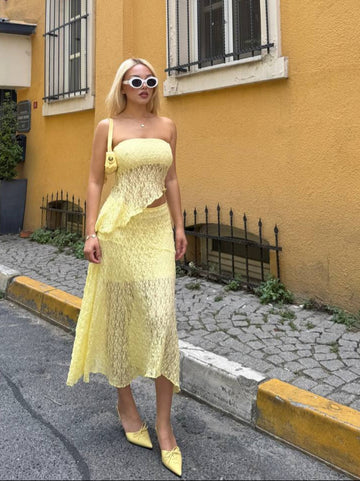 Sunset Whisper Strapless Lace Midi Dress - 1223