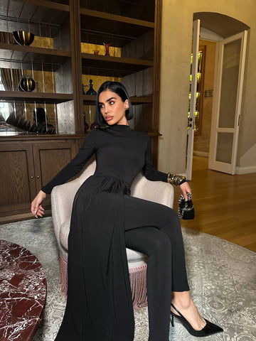 Midnight Muse Maxi Dress Fitted Draped Panel 1275