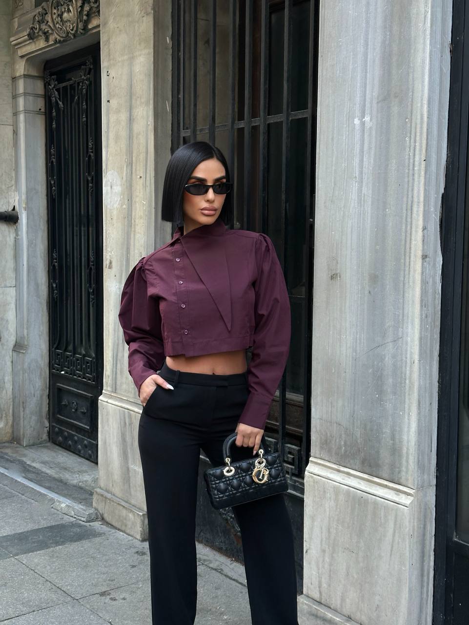 Urban Edge Cropped Blouse Structured Asymmetric Panel 1279