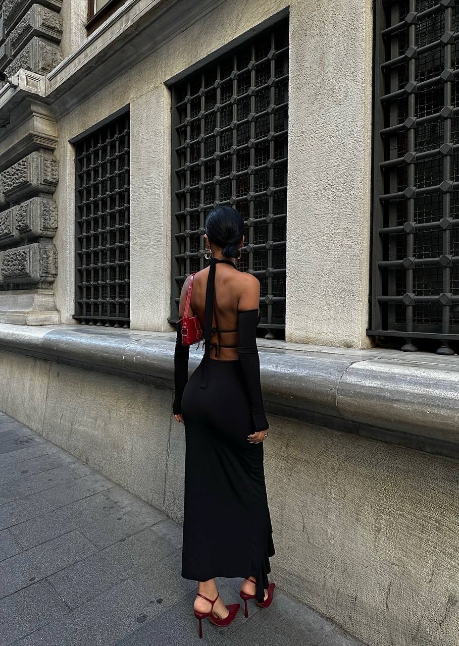 The Noir Elegance Halter Midi Dress - 1045