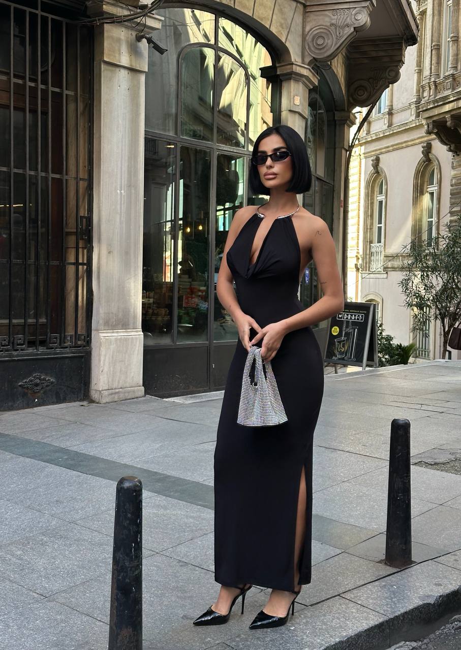 Noir Allure Maxi Dress Halter Chain Detail - 1259