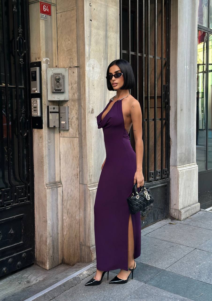 Noir Allure Maxi Dress Halter Chain Detail - 1259