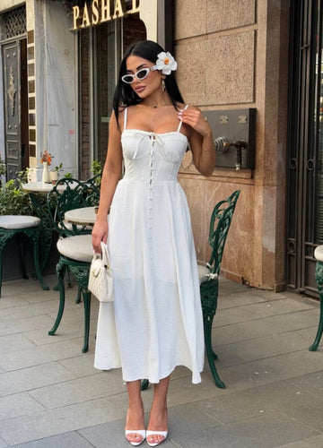 The Riviera Charm Lace-Up Midi Dress Summer Romance - 1202