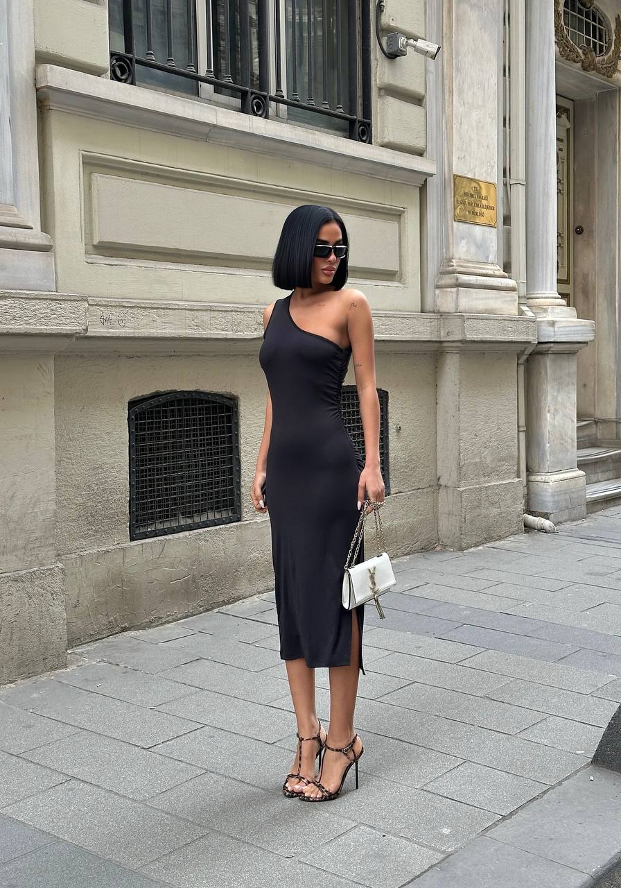 The One-Shoulder Ruched Elegance Midi Dress - 1184