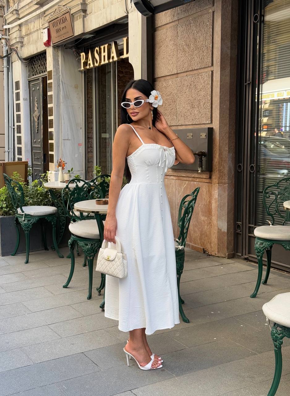 The Riviera Charm Lace-Up Midi Dress Summer Romance - 1202