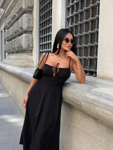 The Riviera Charm Lace-Up Midi Dress Summer Romance - 1202