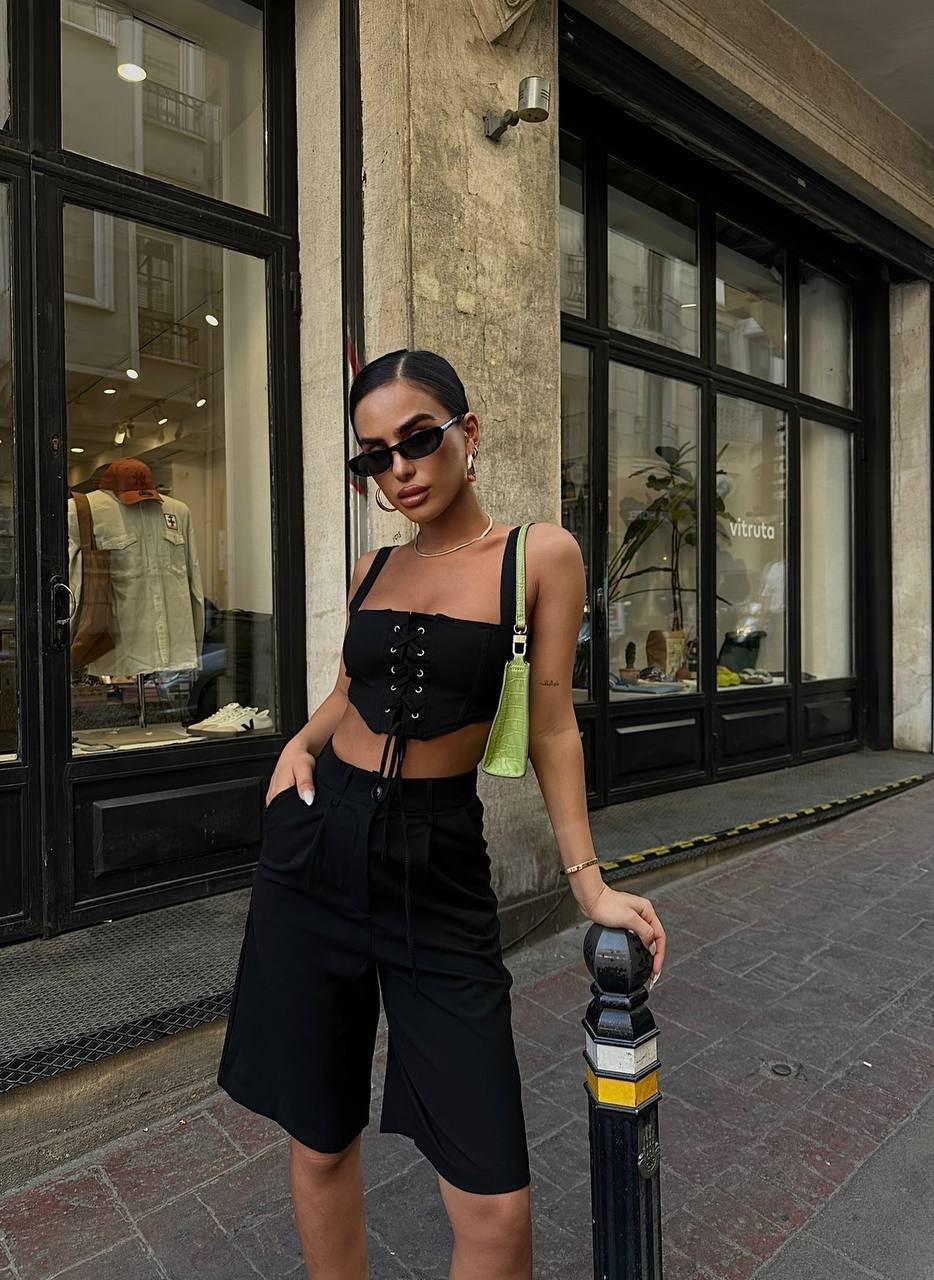 The Noir Lace-Up Crop & Bermuda Shorts Set Two-Piece Summer Statement - 1188