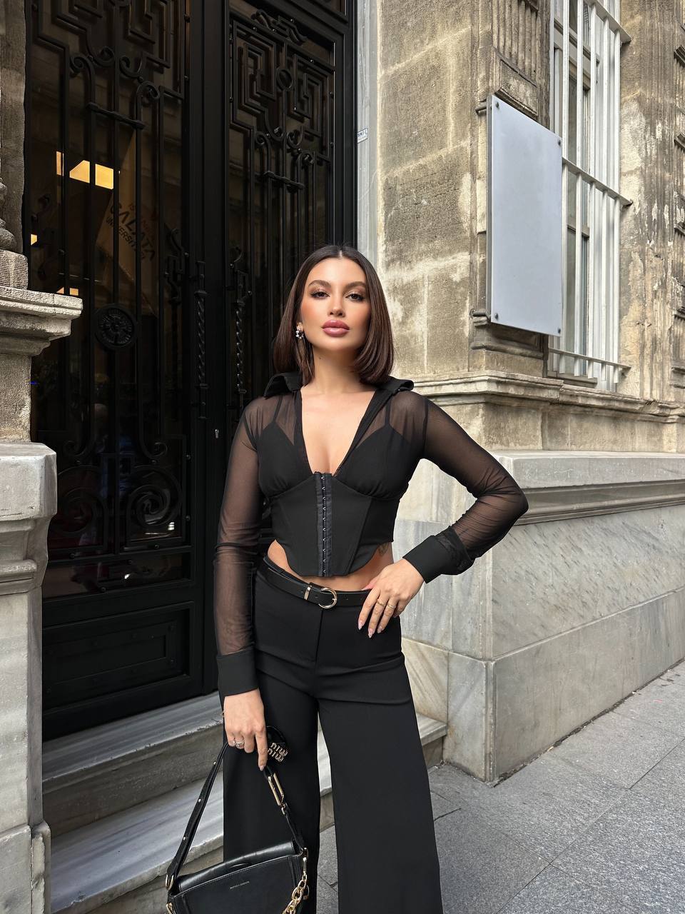 The Sheer Elegance Corset Top Long Sleeve Blouse - 1192