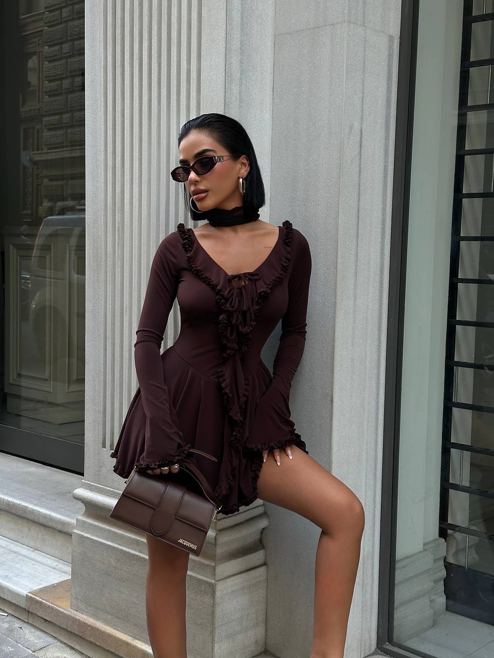 The Ruffled Charm Long Sleeve Mini Dress - 1241