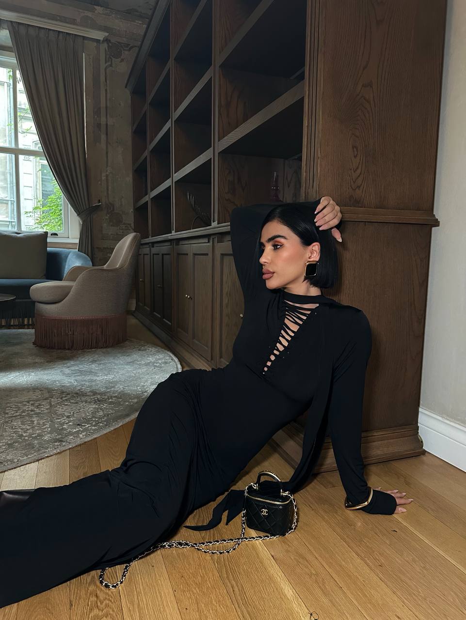 Midnight Allure Maxi Dress Fitted Lace-Up Front 1272