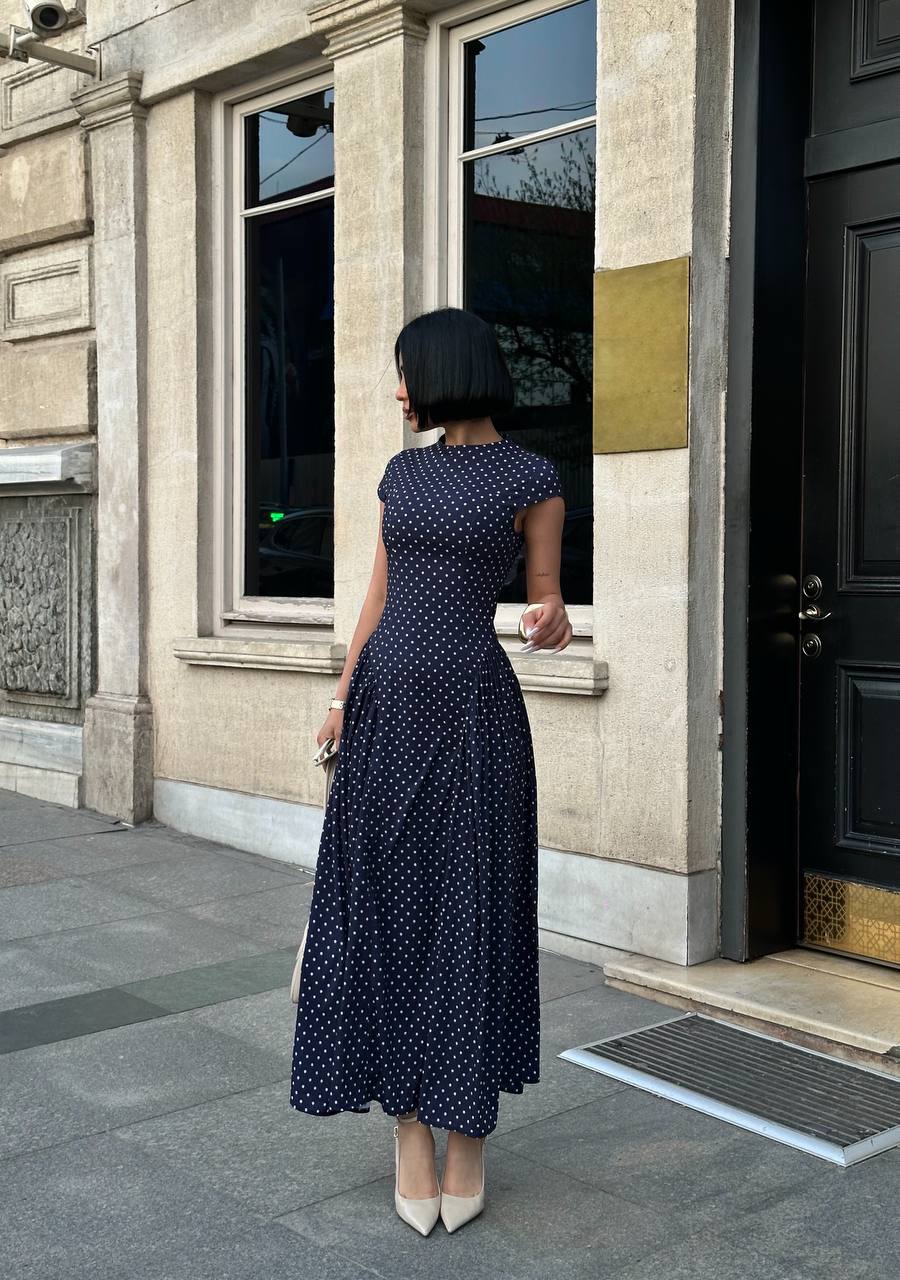 Polka-Dot Maxi Dress with high round neck and cap sleeves-1290