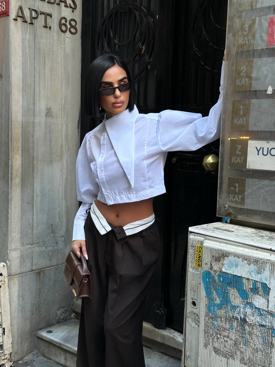 Urban Edge Cropped Blouse Structured Asymmetric Panel 1279