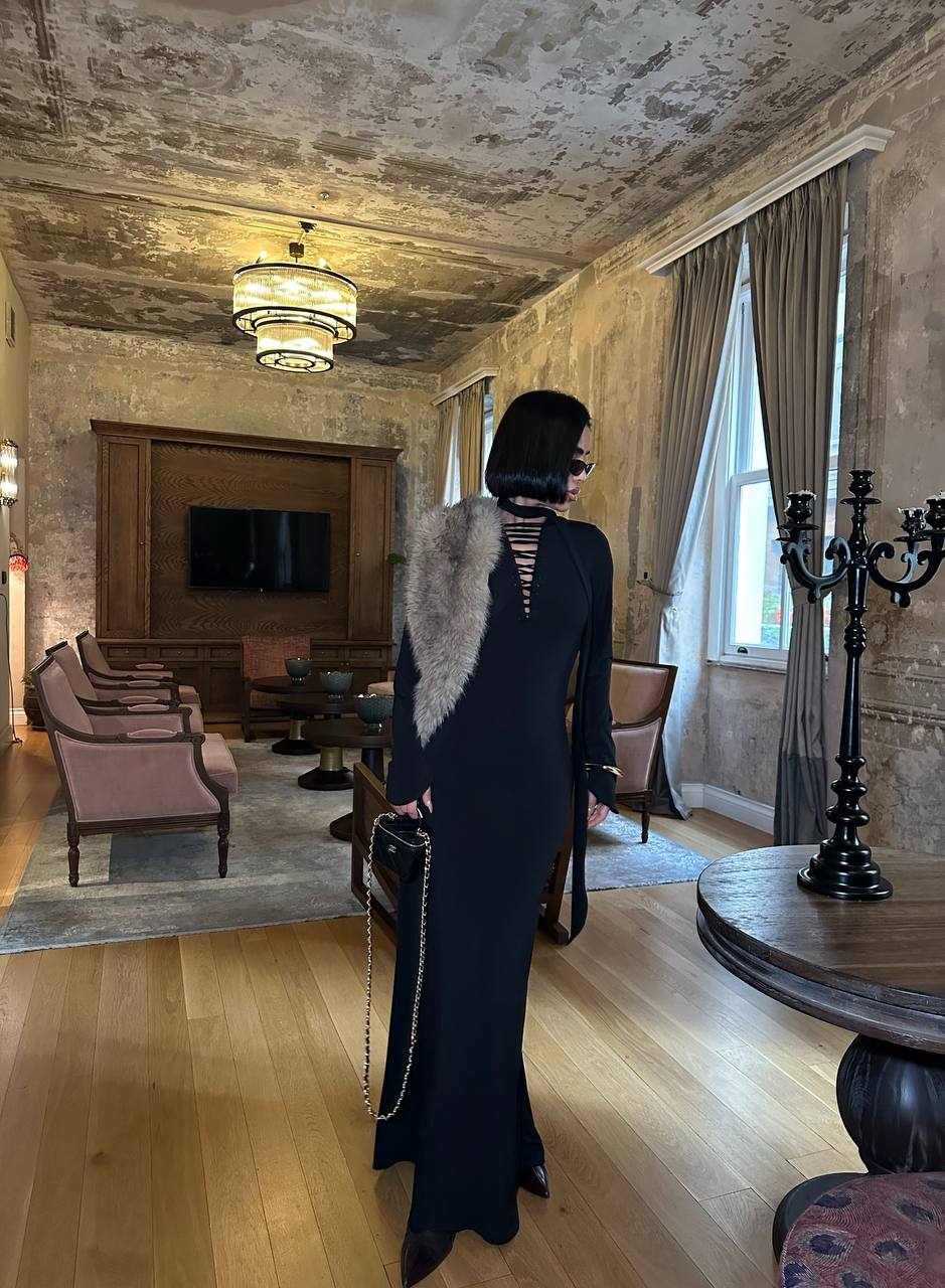 Midnight Allure Maxi Dress Fitted Lace-Up Front 1272