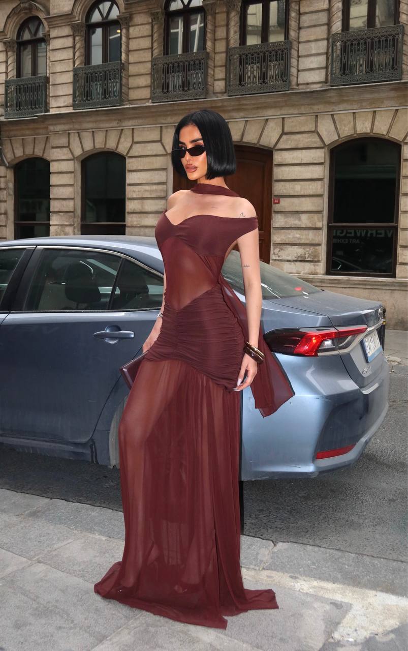 Maxi evening dress with sheer overlay - 1288