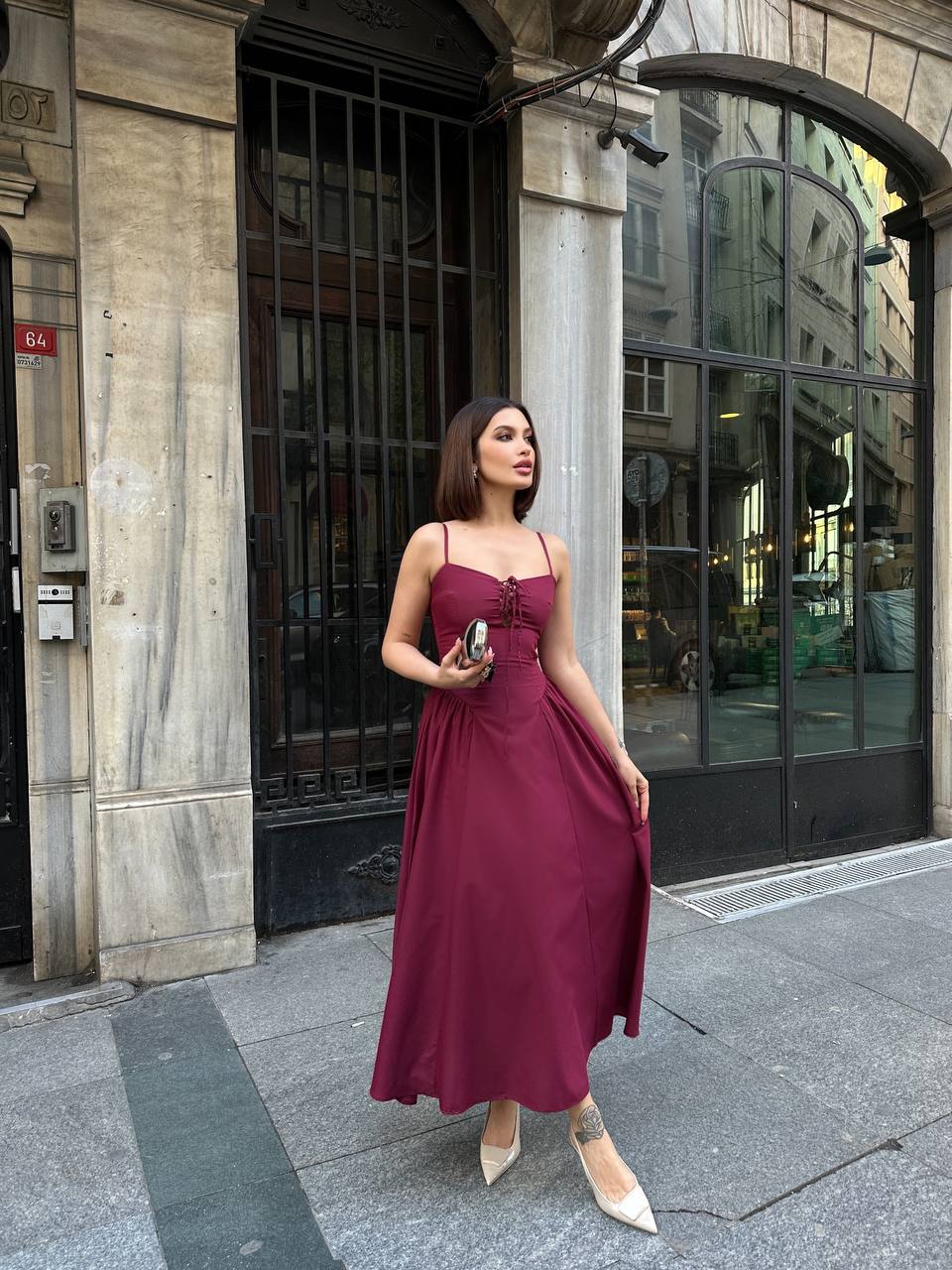 The Lace-Up Elegance Midi Dress - 1163