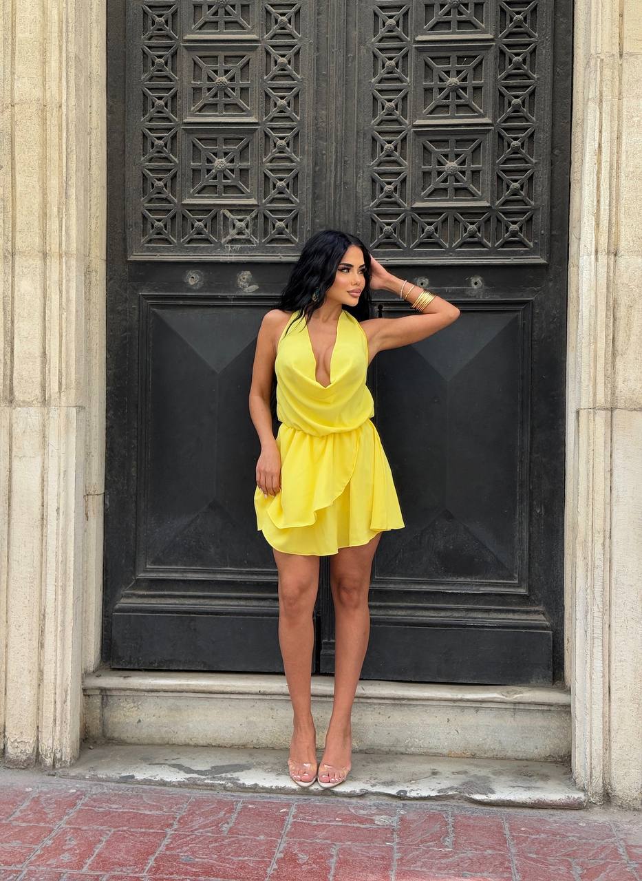 The Capri Drape Halter Mini Dress Sunset Romance - 1210