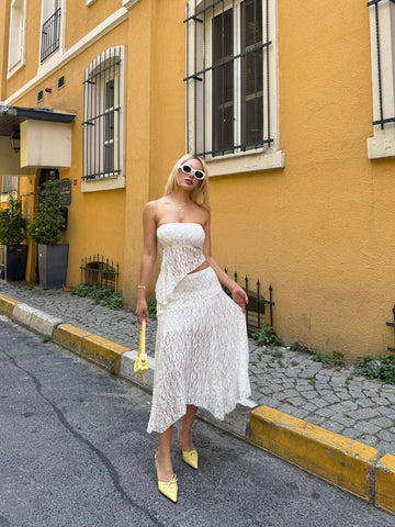 Sunset Whisper Strapless Lace Midi Dress - 1223