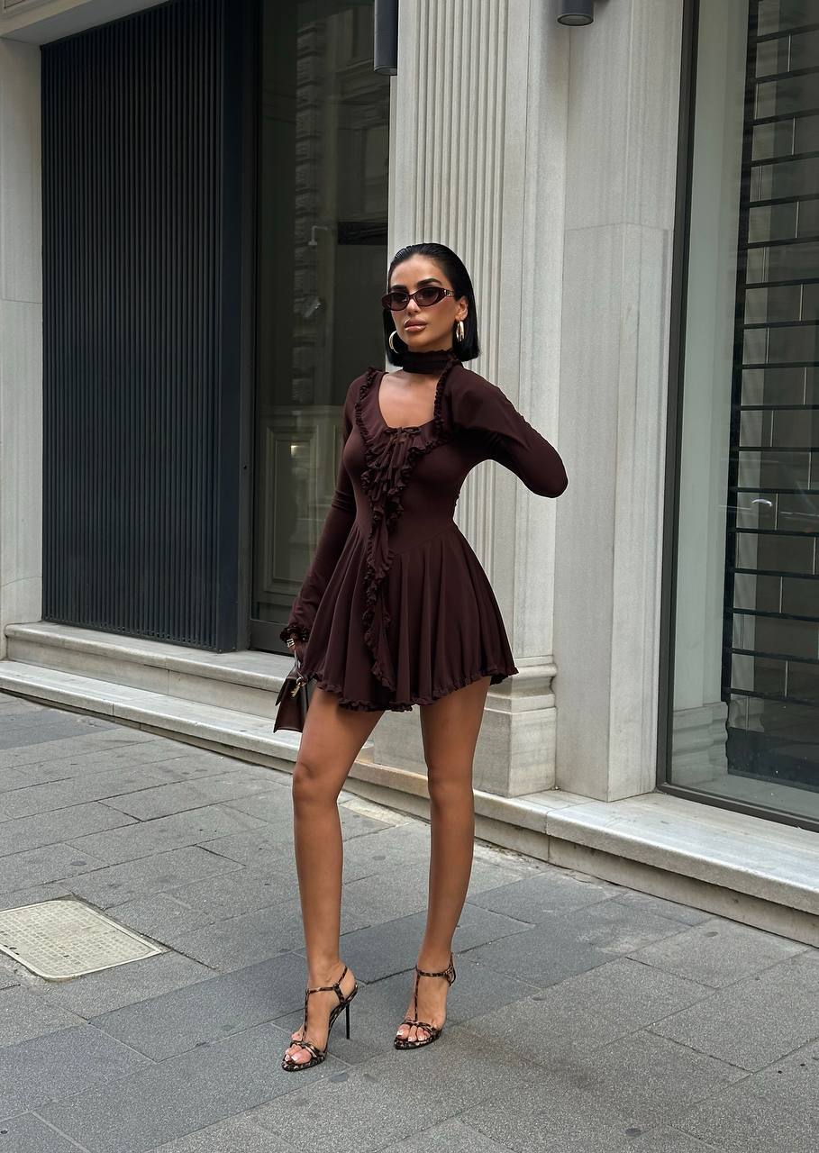 The Ruffled Charm Long Sleeve Mini Dress - 1241