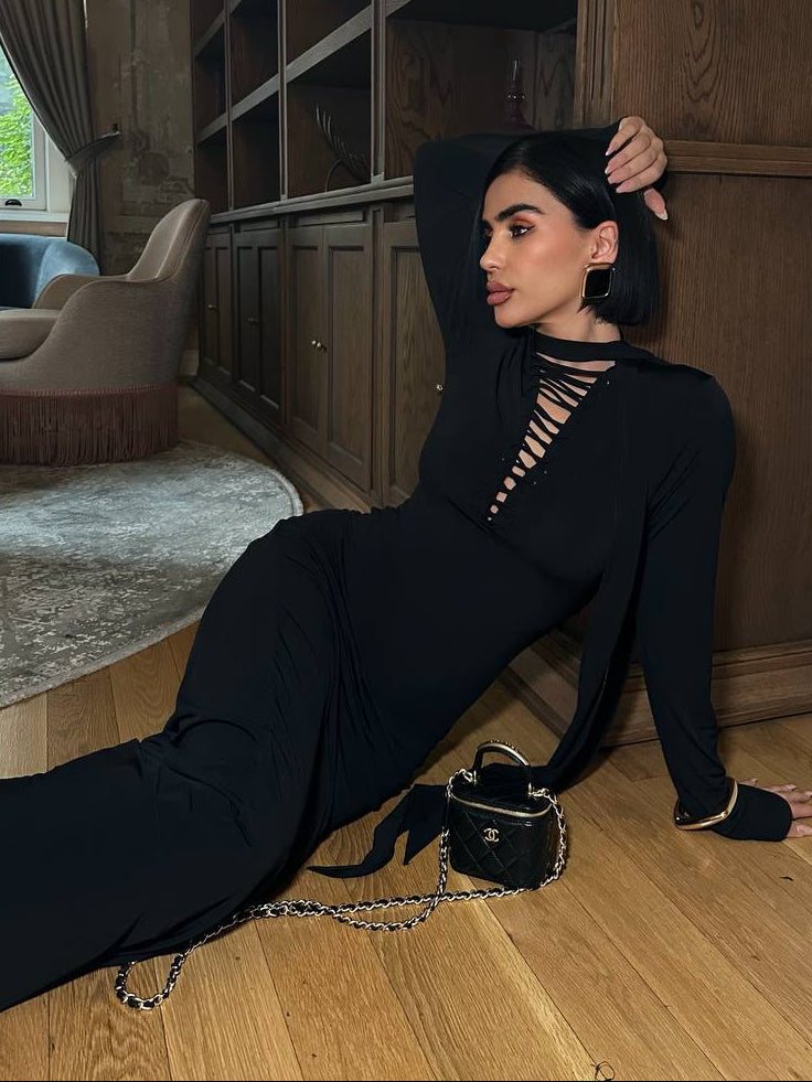 Midnight Allure Maxi Dress Fitted Lace-Up Front 1272