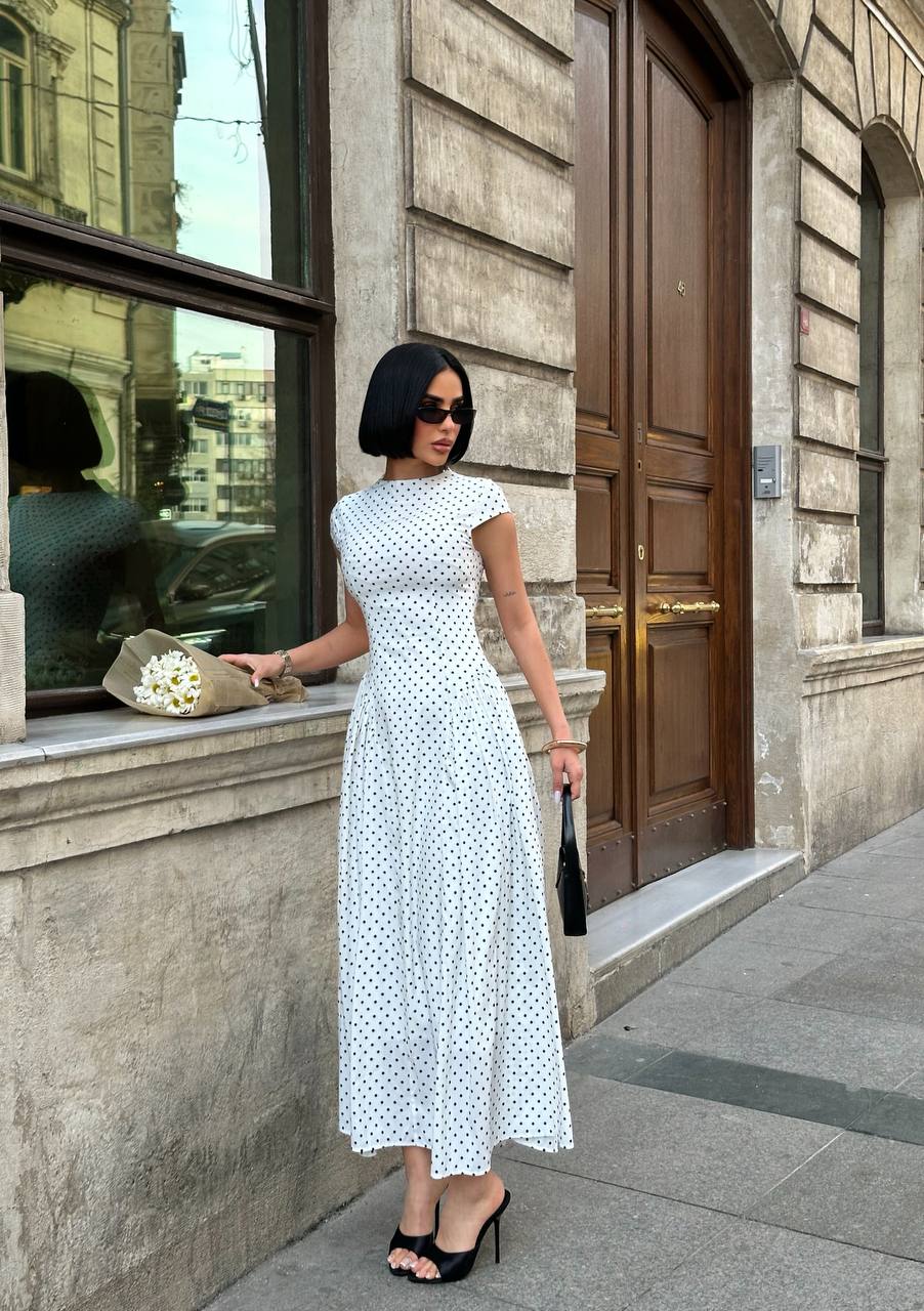 Polka-Dot Maxi Dress with high round neck and cap sleeves-1290