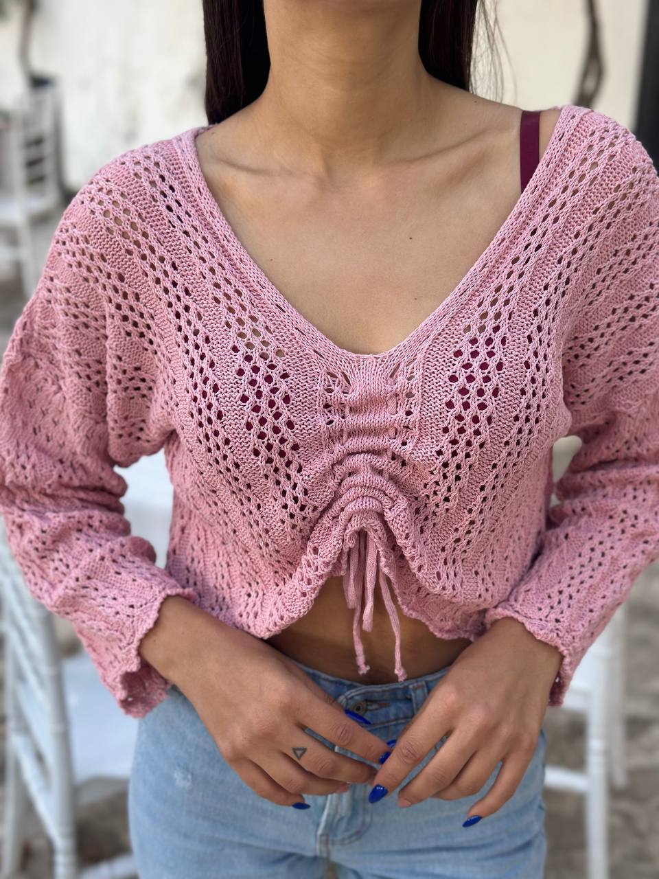 The Lace Knit Drawstring Crop Top – 1145