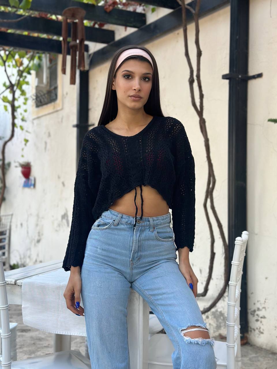 The Lace Knit Drawstring Crop Top – 1145