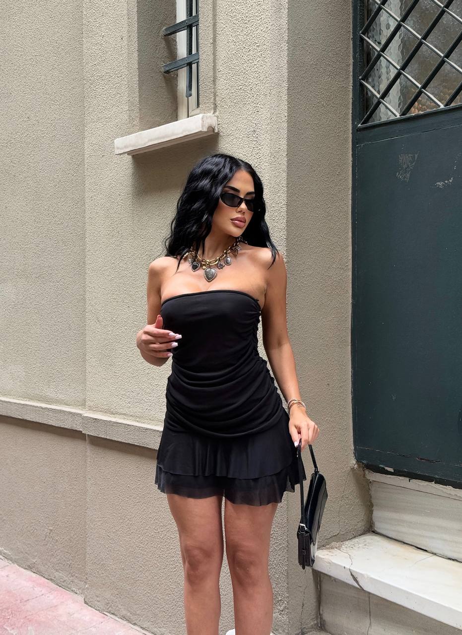 The Noir Ruched Tube Mini Dress – 1209