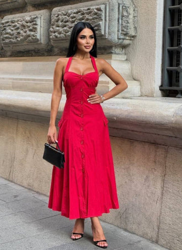 Riviera Backless Halter Midi Dress Elegant Summer Flow - 1230