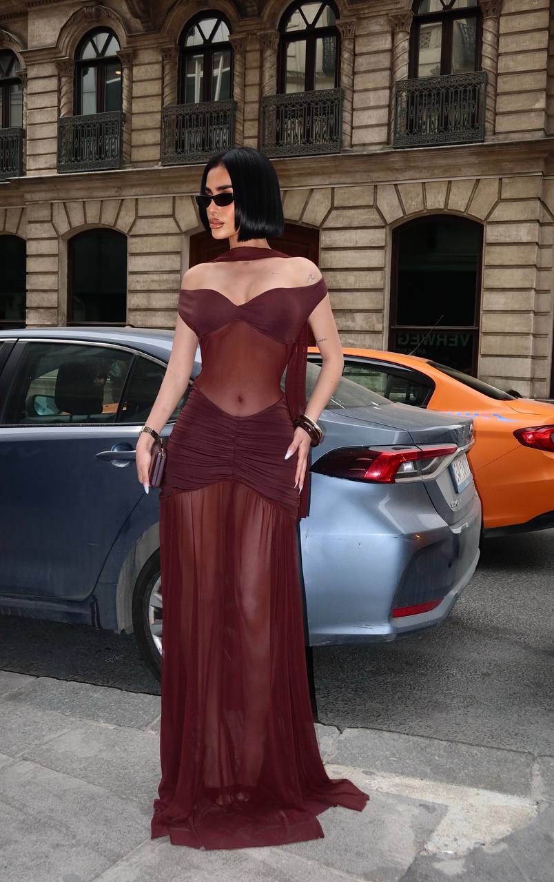Maxi evening dress with sheer overlay - 1288