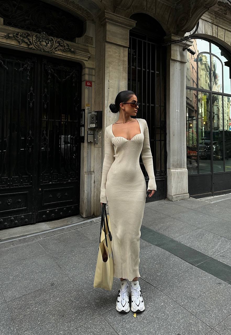 The Ribbed Elegance Midi Dress – 1143