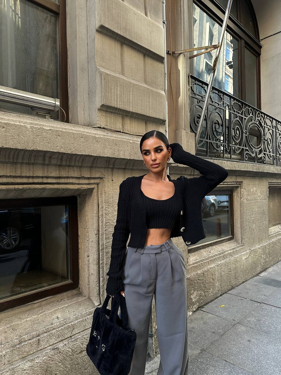 The Ribbed Knit Cardigan & Crop Top Set – 1142