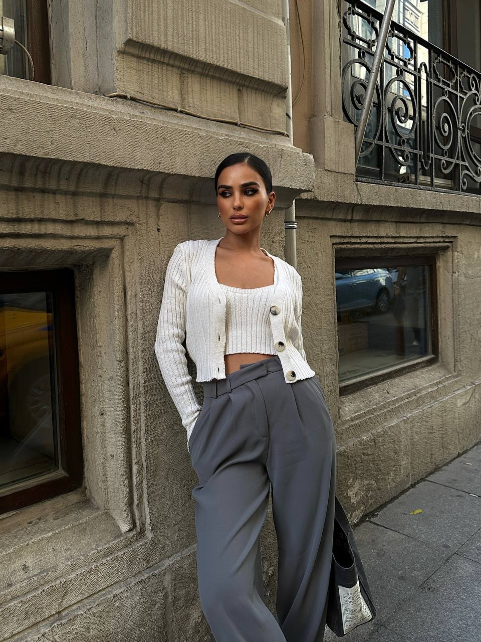 The Ribbed Knit Cardigan & Crop Top Set – 1142